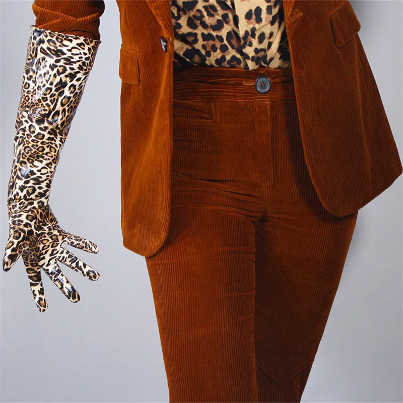 

50cm Patent Leather Long Gloves Wide Cuff Lantern Sleeve Emulation Leather Animal Pattern Brown Leopard Female PU71-50W