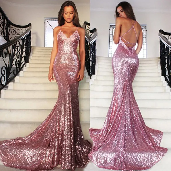 

2020 summer new European and American foreign trade women's dress Amazon eBay sexy suspender Sequin V-neck evening dress