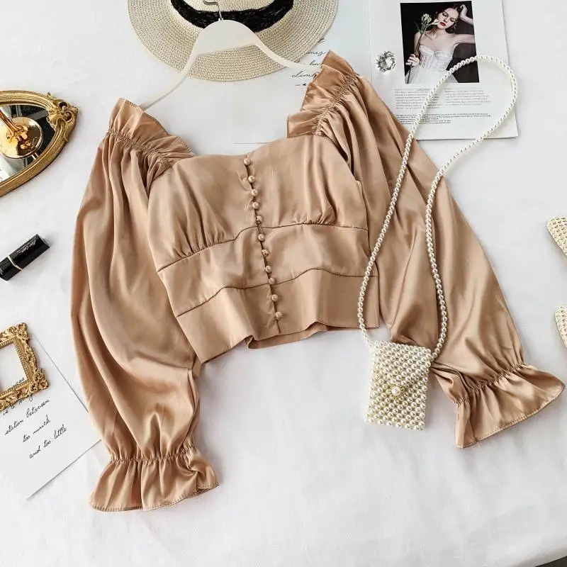 Женская атласная рубашка MUMUZI очень Волшебная блуза однобортная короткая до