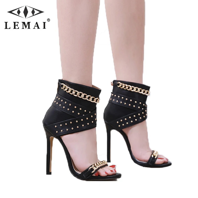 

LEMAI Fashion New Studded Stiletto Open Toe Roman Sandals Summer Casual Party Club High Heel Shoes Metal Decor Sandals for Women