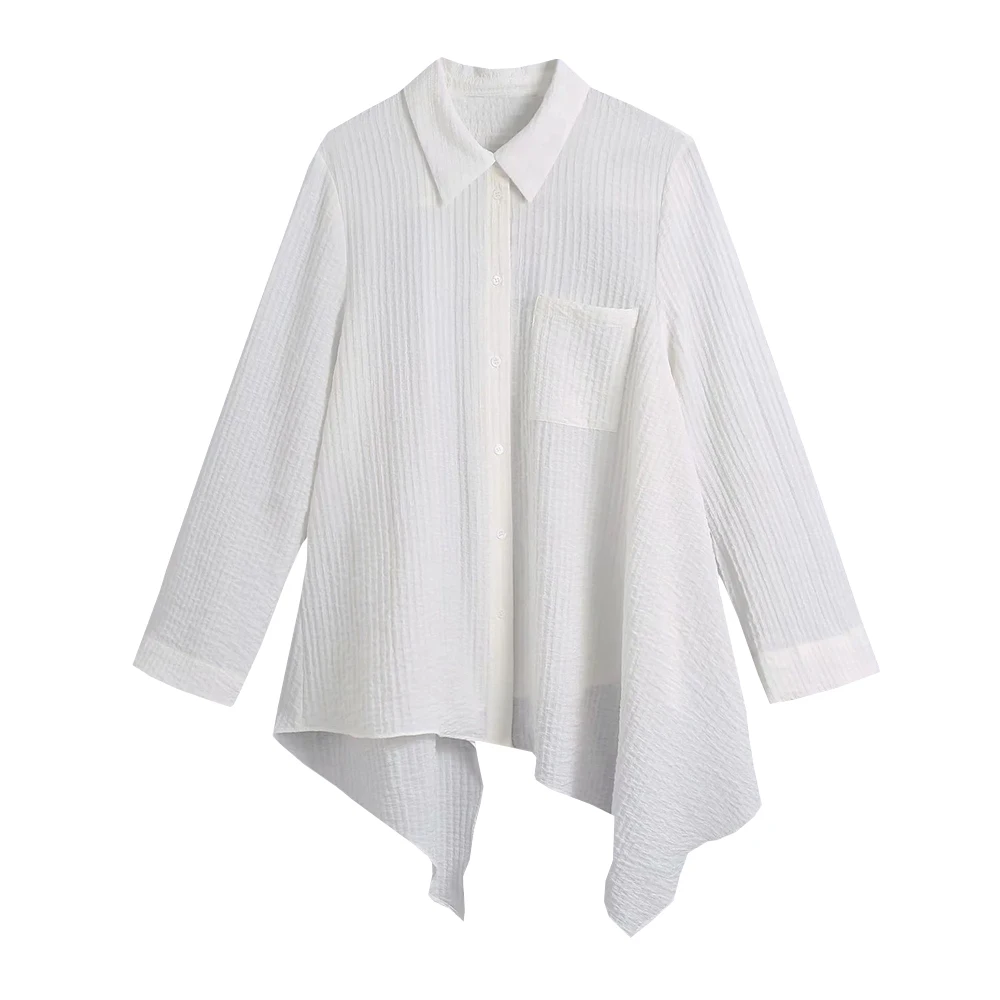 

XNWMNZ Za women lapel White Shirt Asymmetric Hem Blouses Collared Button Up top Female Casual Long Sleeve Chic Blusas Mujer 2021