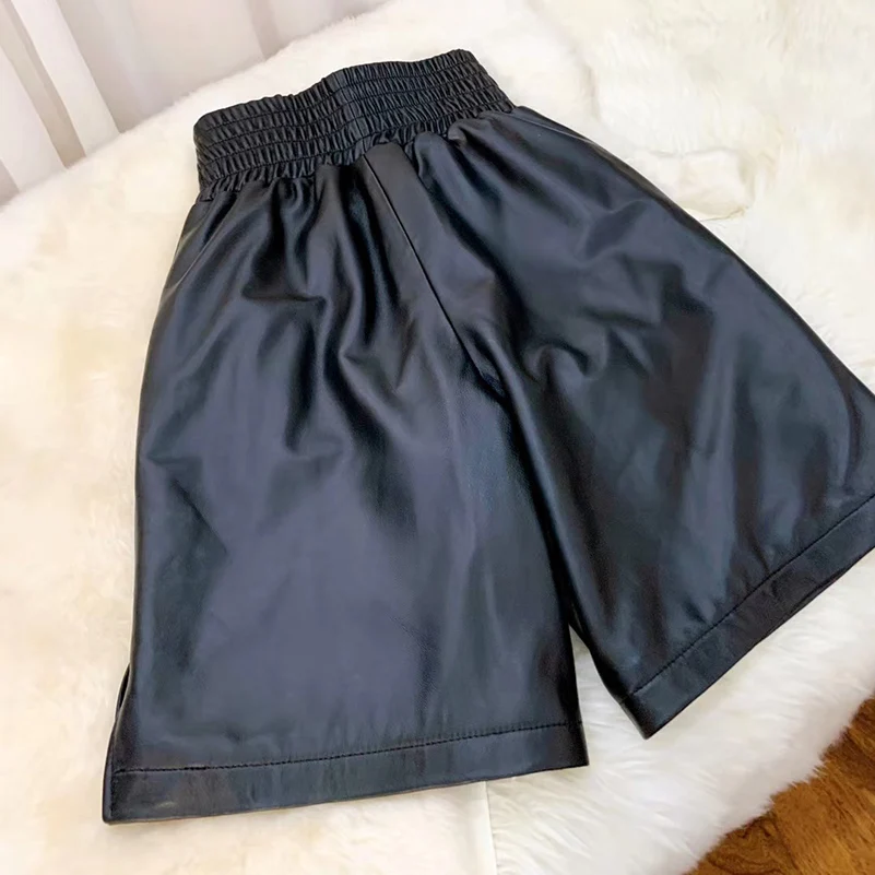 Брюки женские из натуральной кожи с широкими штанинами высокой талией и поясом