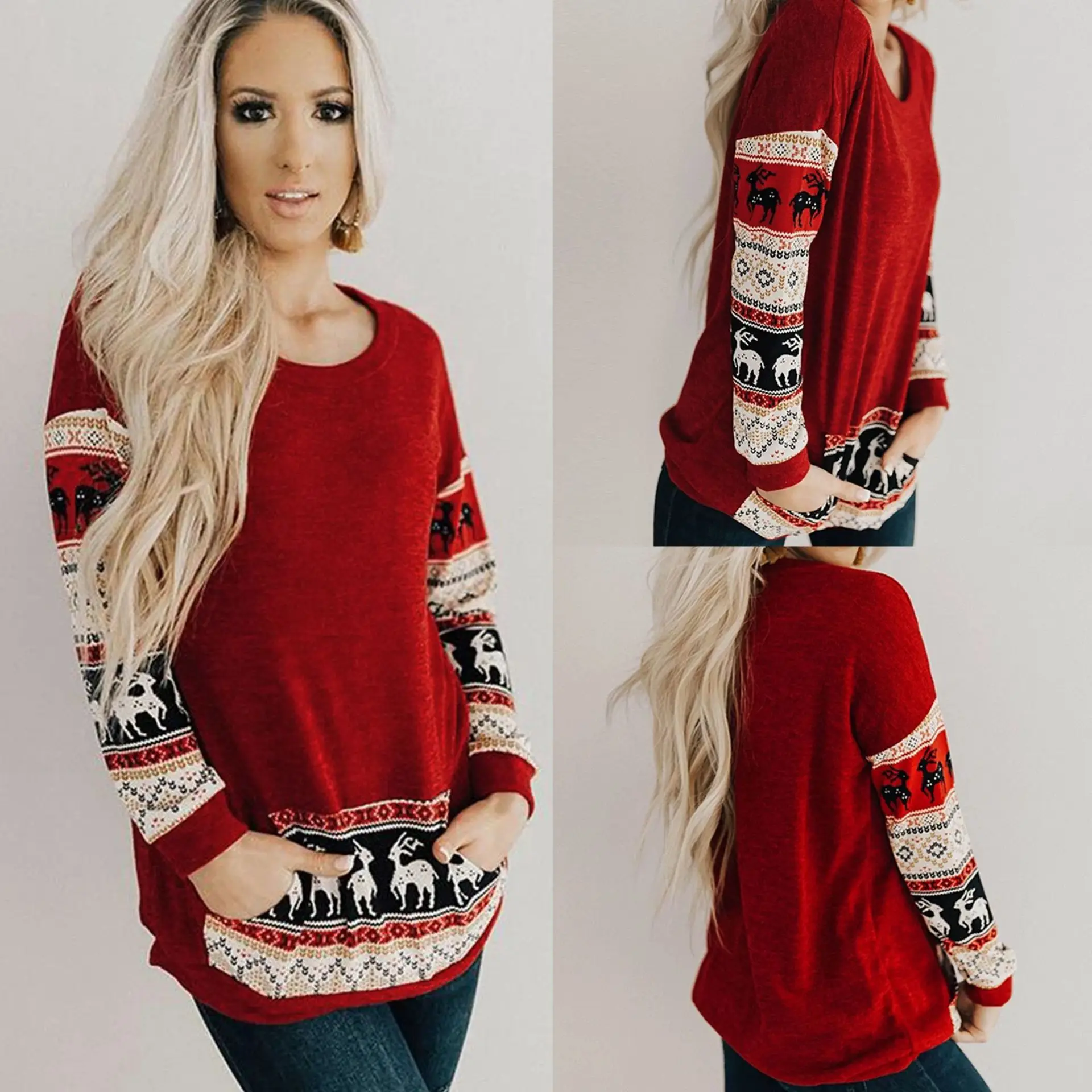 2019 Рождественская Лоскутная Женская футболка с длинными рукавами