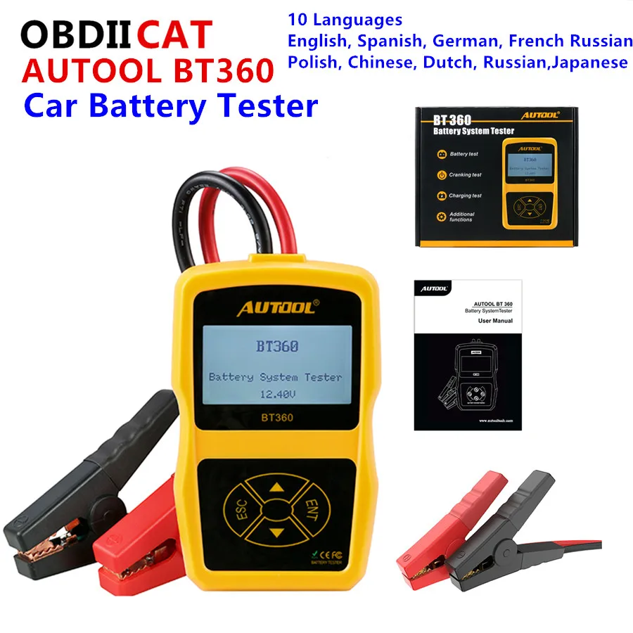 

AUTOOL BT360 Multi-language 12V Digital Car Battery Tester for Flooded AGM GEL BT-360 12 Volt Automotive Battery Analyzer BT 360