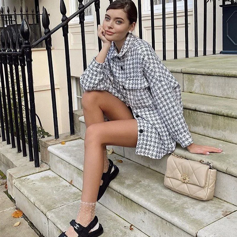 

2020 New Autumn Winter Women Jacket Plaid Check Full Sleeves Turn-Down Collar Coat Female Fashion Casual Women Clothes
