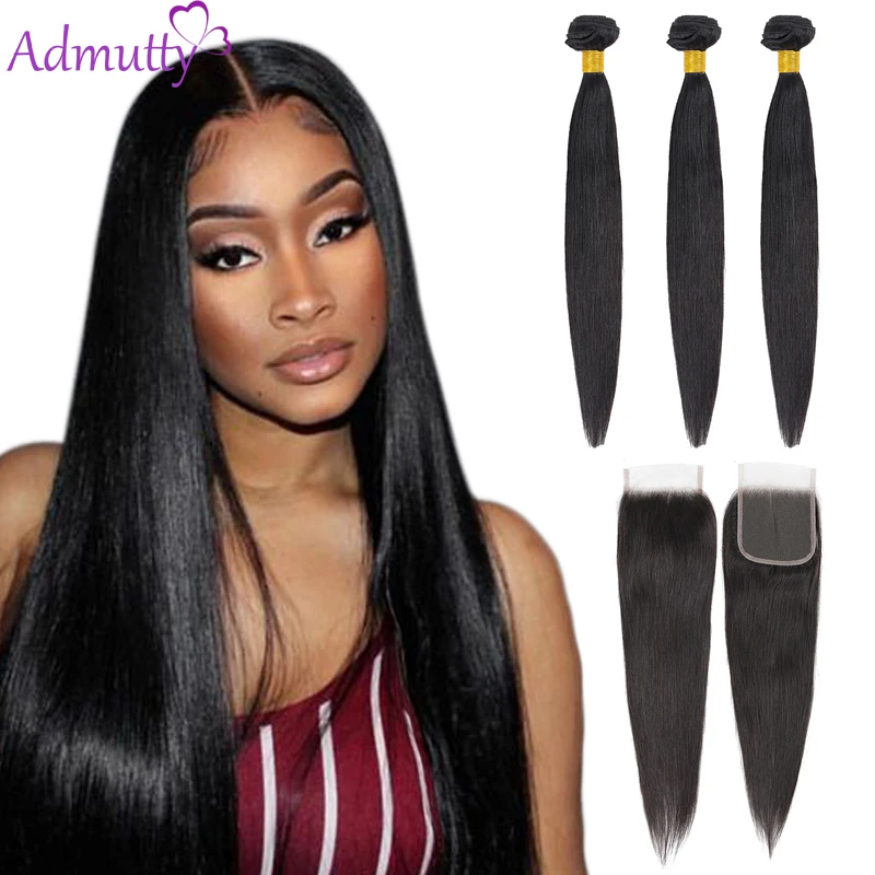 Прямые человеческие волосы пряди с закрытием 4*4 перуанские плетение для черных