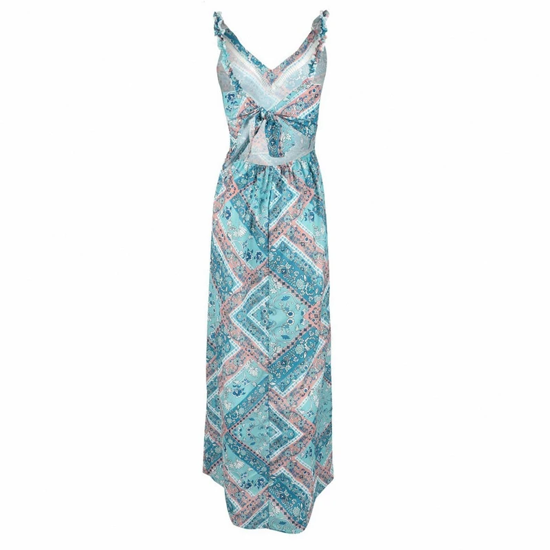 

Maxi Dress Elegant Women Party Sexy V-neck Dress L with Sexy Backless Split Floral Print Flowy Maxi Dress XL Size Blue