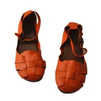 summer leather woven handmade flat soled womens shoes front strap sandals female forest retro literary style roman drag