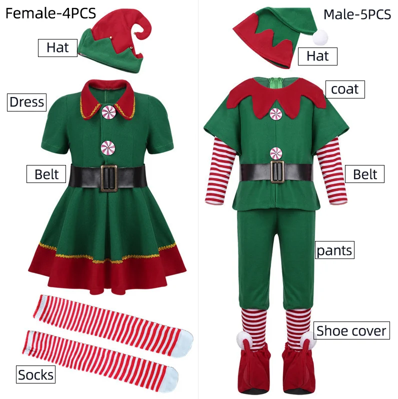 Men Women Girls Boys Christmas Santa Claus Costume Green Elf Cosplay Family Party New Year Fancy Dress Clothes Set For |