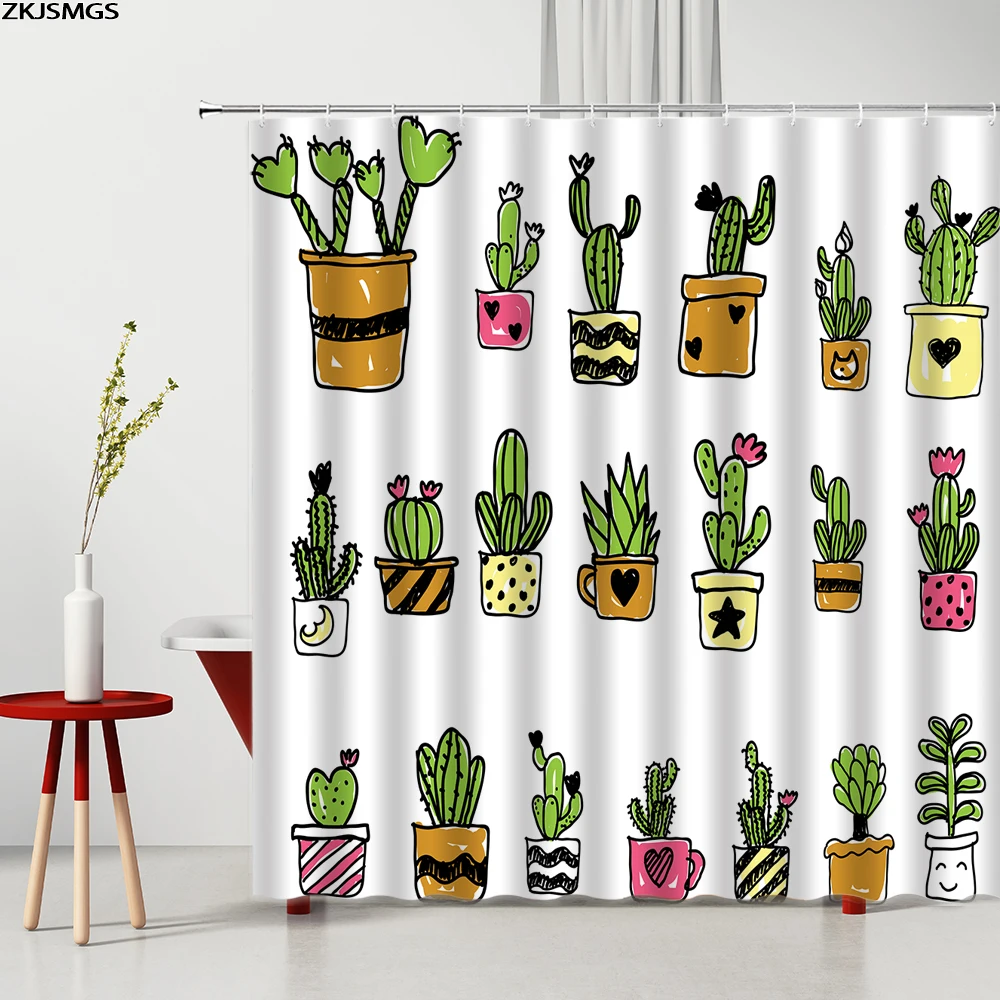 Набор занавесок для душа с милым мультяшным рисунком кактуса и зеленых растений