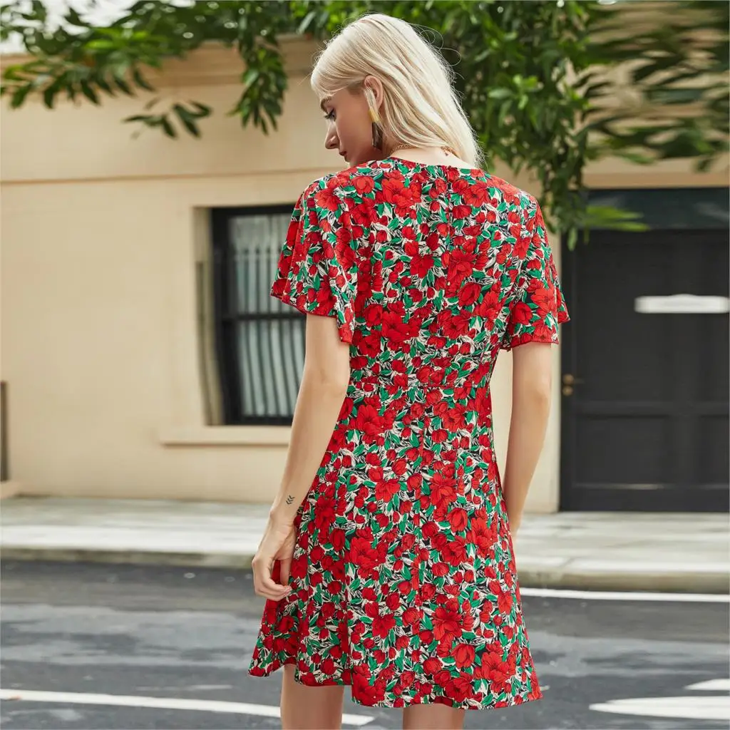 

Sexy V Neck Print Woman Dresses New Summer Casual Short Sleeve Slim Waist Mini Beach Sundress Big Red Flower Boho Dress Vestidos