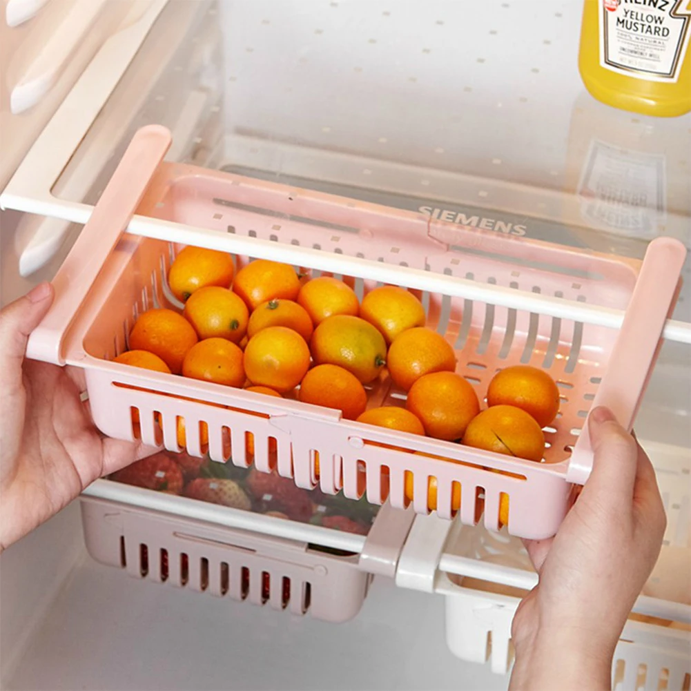

Adjustable Container Fresh Spacer Refrigerator Storage Rack Plastic Pull-Out Food Organizer Basket Drawer Fridge Spacer Holder