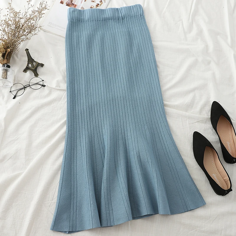 SINGRAIN женские вязаные юбки трубы теплый шикарный длинный свитер вязанные низ