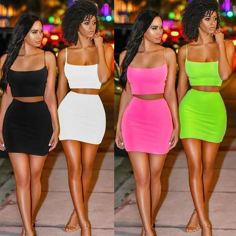 

Summer Womens two Piece clothing Fluorescent Sleeveless tank Crop Top mini skirts Outfits Sets sexy streetwear nightclub clothes