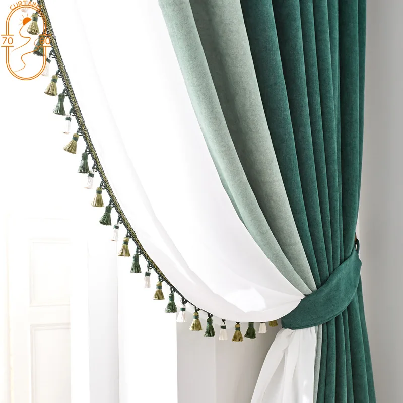 

2021 New Ink Green Custom Morandi Light Luxury Chenille Curtain Full Blackout Warmth Curtains for Living Room Bedroom