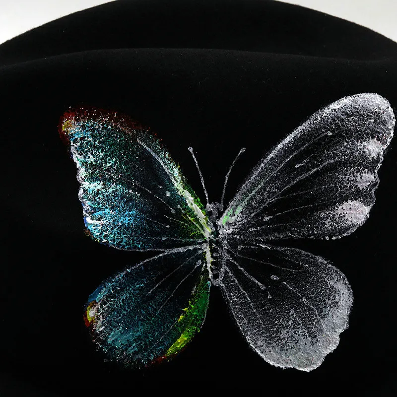 

New Fashion Wide brim black top hat hand-painted painted leaves flat brim tweed autumn winter ladies jazz hat couple woolen top
