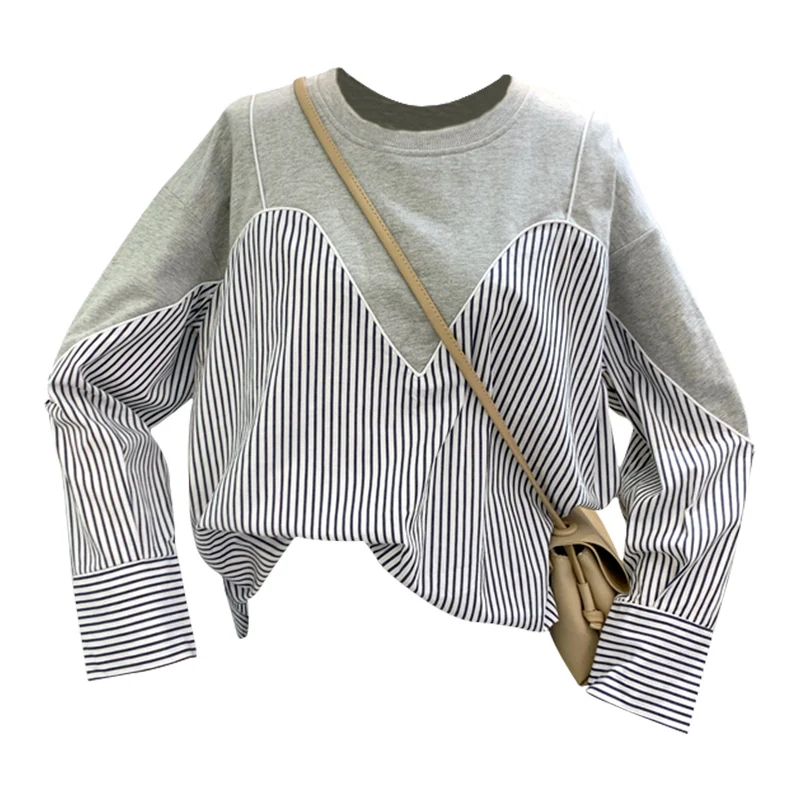 

2021 Spring Autumn New Stitching Fake Two-Piece T-shirt All-Match Loose Striped Women Top Fashionable Bottoming Shirt