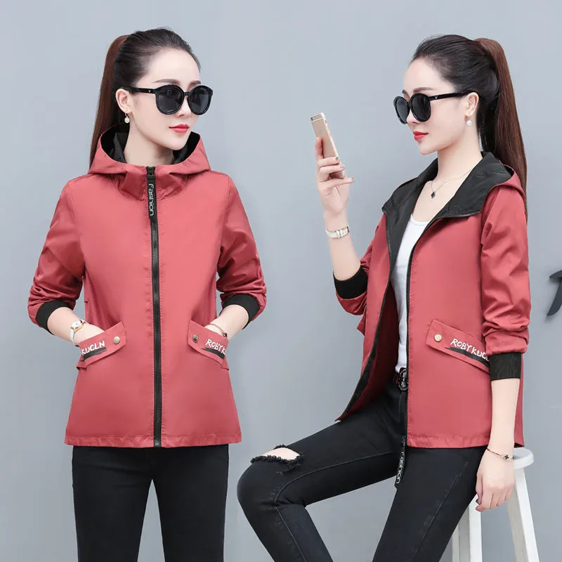 Женская Повседневная ветровка с капюшоном легкая осенняя куртка на молнии