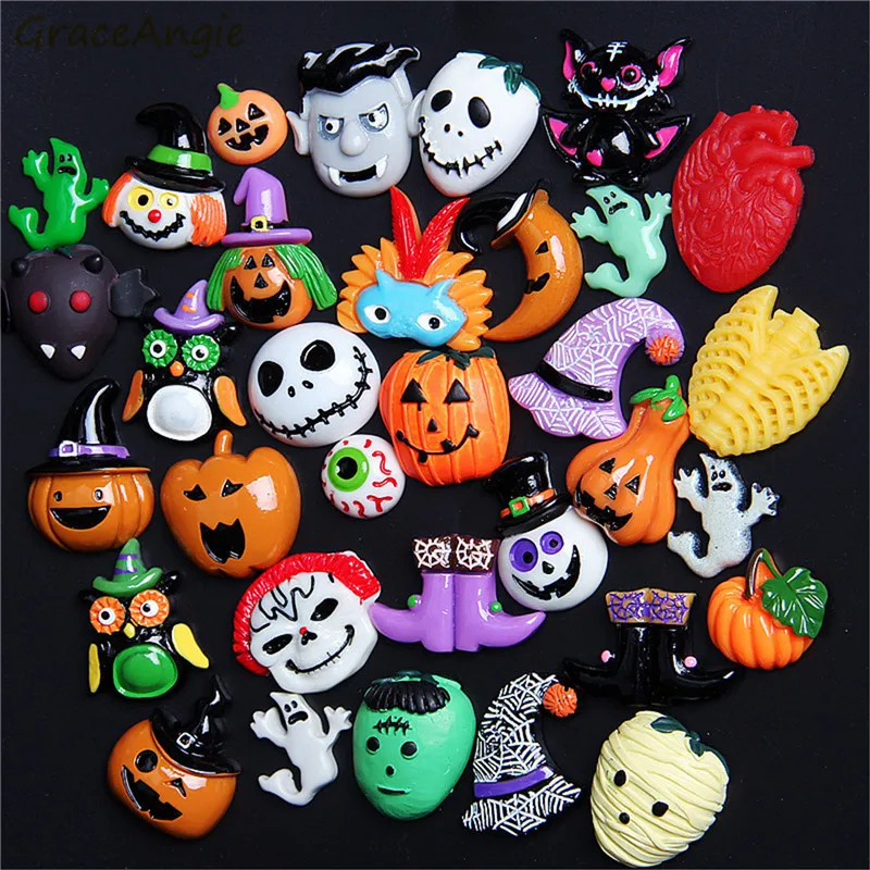 

30pcs Mix Halloween Resin Pumpkin Ghost Decoration Craft Flat back Cabochon Embellishment For Scrapbook DIY Jewelry Accessories