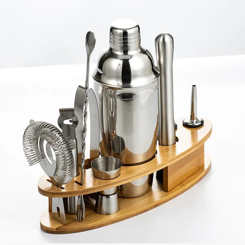

11pcs/set Boston Cocktail Shaker Bar Tools Set Barware Bartender Shakers Kit Jigger Mixer Muddler Pourer Spoon with Bamboo Stand