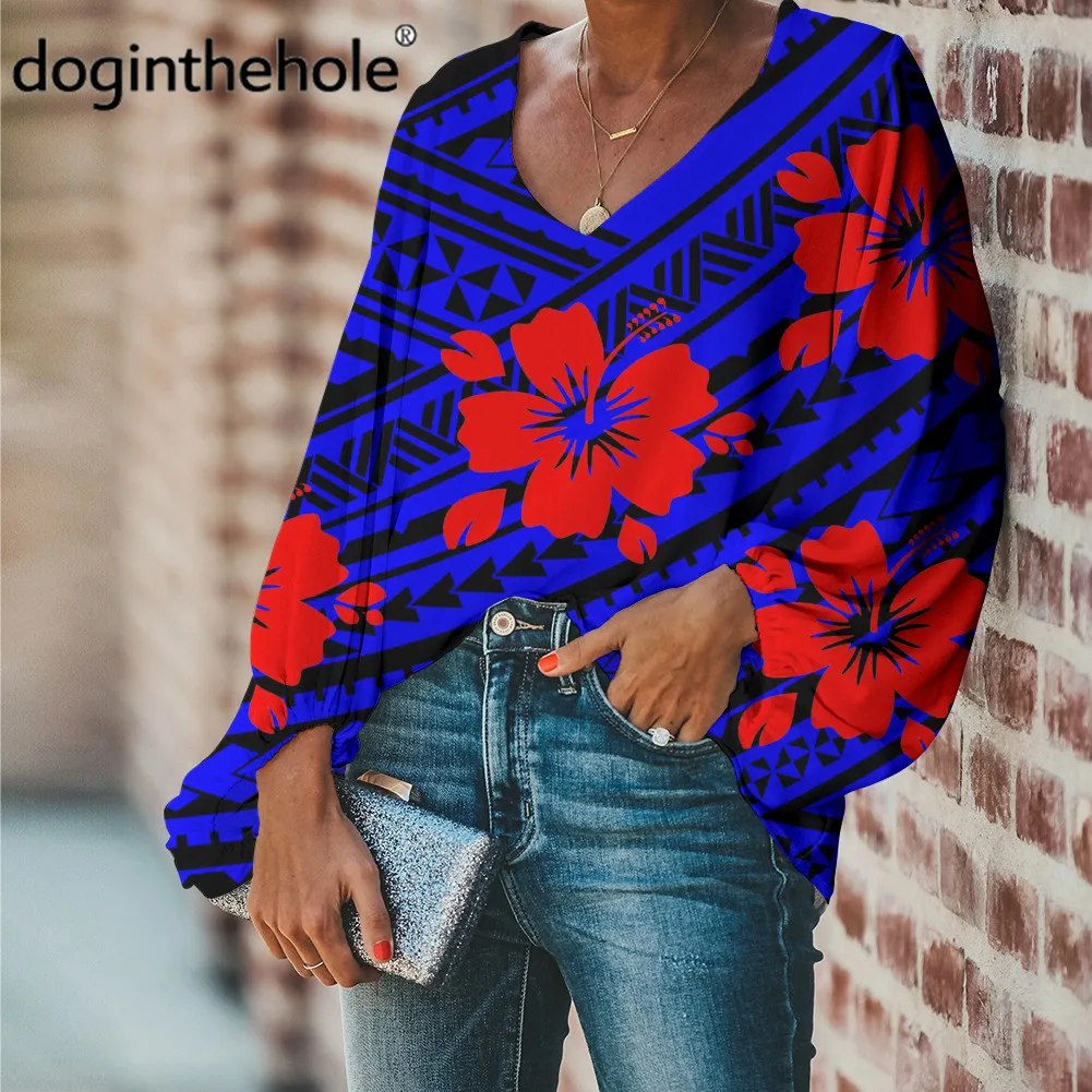 

Женская шифоновая блузка doginthehole, с красным гавайским принтом гибискуса, с Полинезийским этническим узором, свободные топы