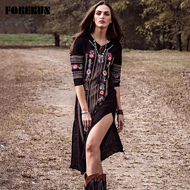 

FORERUN Vintage Dress Women Embroidered Floral Long Dresses Summer Folk Style Casual Sundress Holiday Wear Vestidos De De Verano