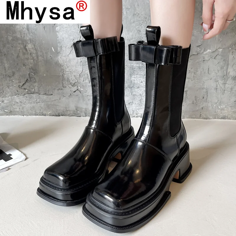 

8Square Head Thick Heel Women's Martin Chelsea Boots 2021 Autumn New Soft Leather Splicing Elasticity Women's Short Ankle Boots