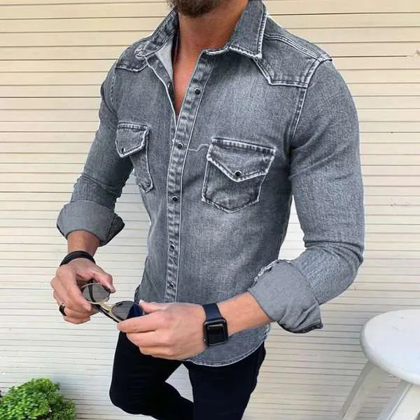 ZOGAA Spring Autumn Mens Jeans Shirt Long Sleeve Denim Shirts for Men Soft Cotton Two Pockets Slim Elastic Denim Shirts homme
