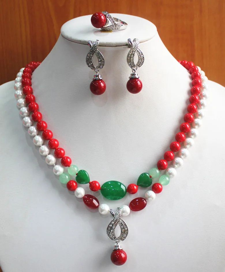 

anniversary! Wholesale Women's 8mm 2 rows mixed colors shell pearlNatural Stone Necklace earring ring(7/8/9) jewelry set 251