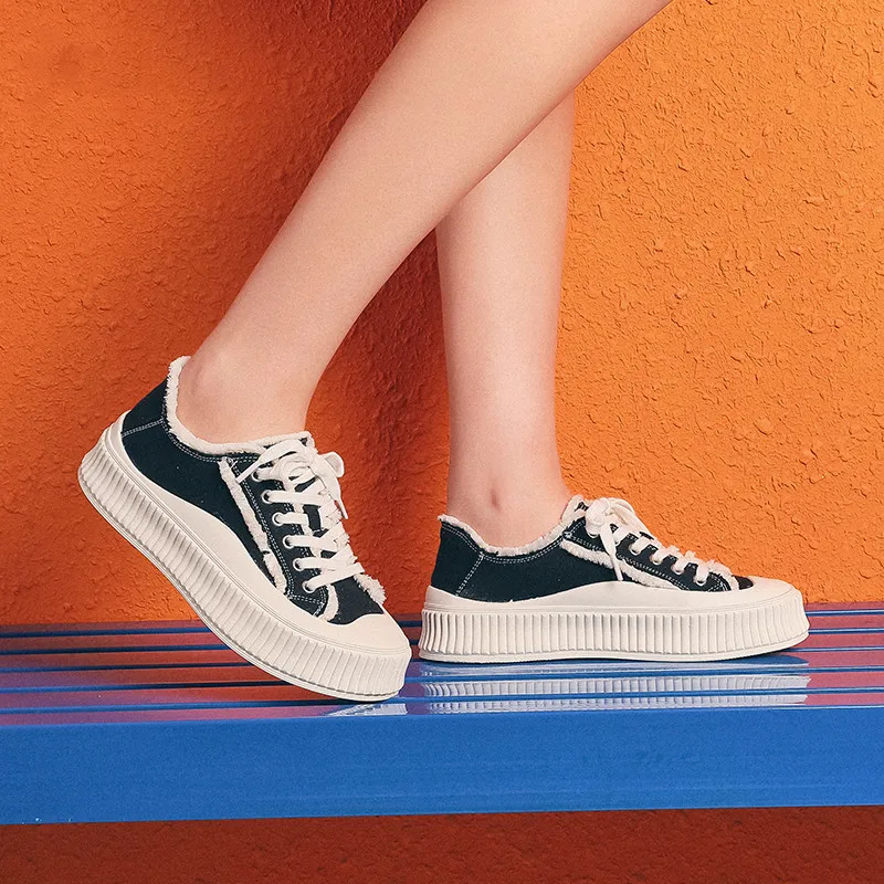 

YISHEN Women Sneakers Canvas Platform Walking Shoes White Black Retro Flat Slip On Vulcanized Female Casual Shoes Espadrilles