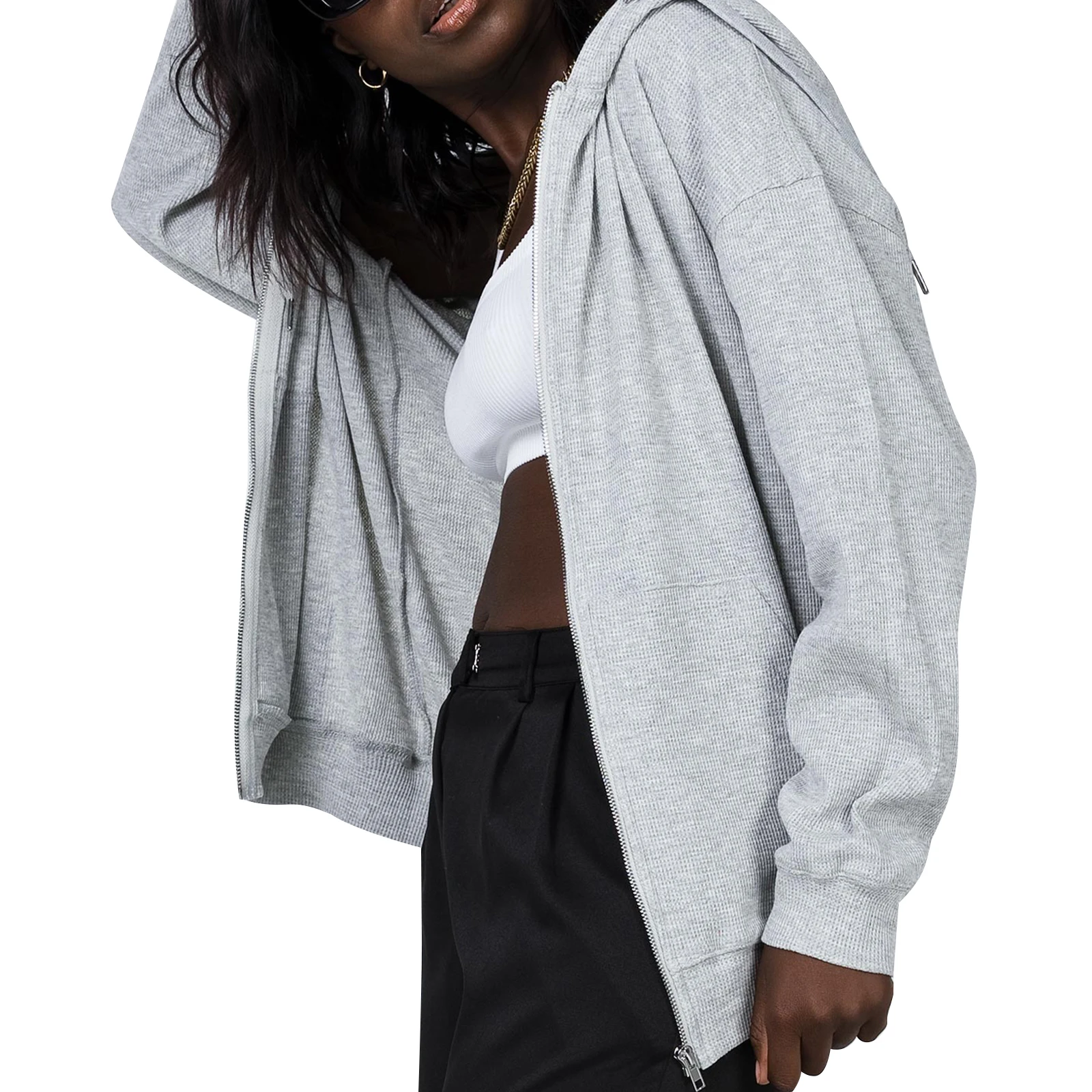 

Women's Casual Hoodie Jacket Solid Color Long Sleeve Loose Sweatshirt Simple Zipper Ladies Autumn Blouse Hooded Jacket Coat