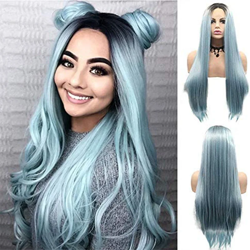 Silver Blue Synthetic Lace Front Wigs for Women Middle Part Long Blue Lace Wig with Baby Hair Glueless Heat Resistant Fiber Hair