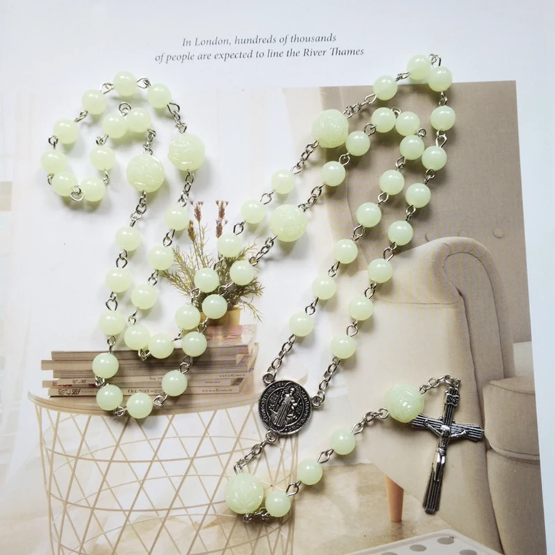 

Rosary Necklace Catholic Acrylic Rosary Luminous Rose Bead Long Cross Chain 82cm