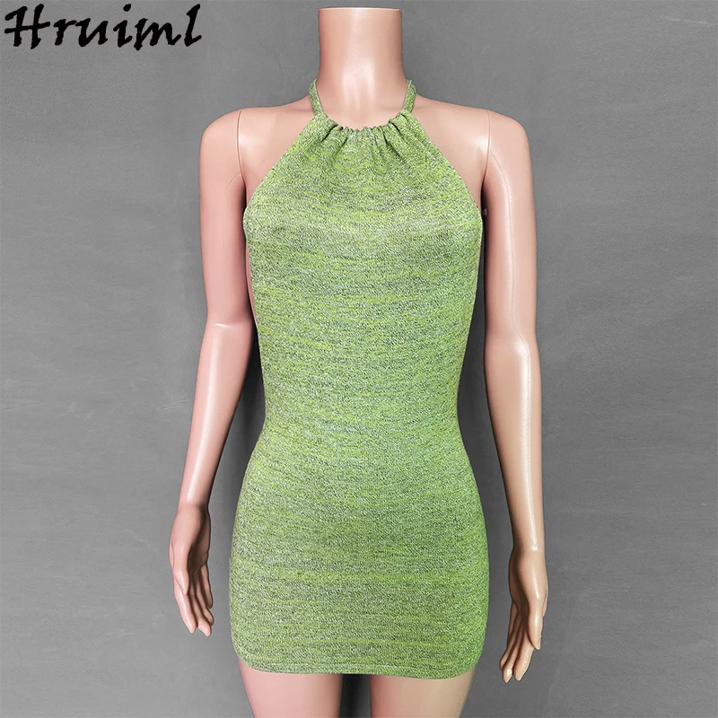 

Knitted Summer Woman Dress Fashion Halter Sleeveless Sexy Bodycon Mini Dress Backless Solid Beach Holiday Bandage Dresses 2020