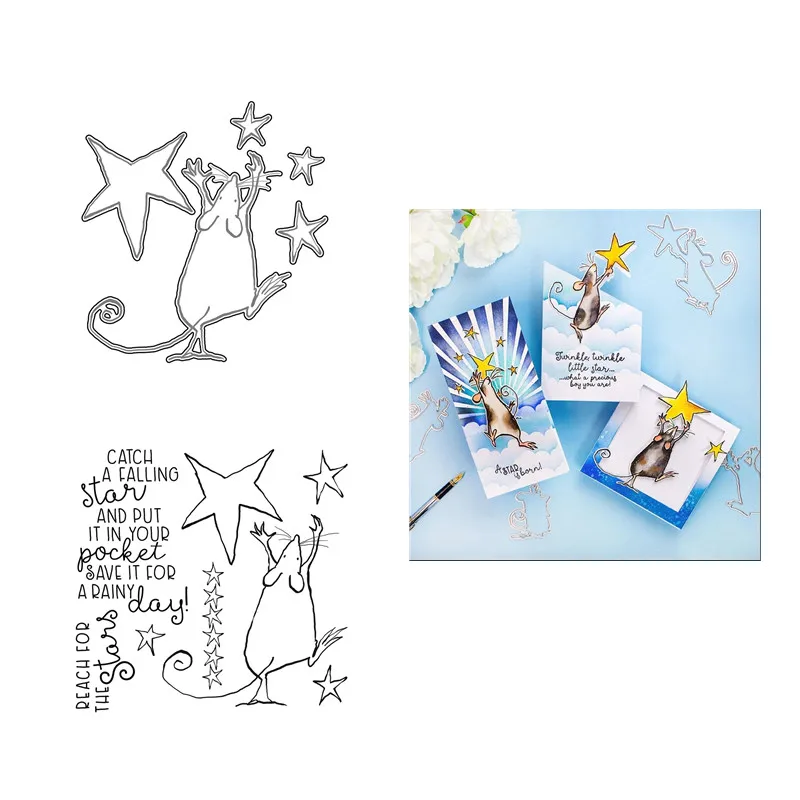

Mouse Pattern Metal Cutting Dies And Clear Stamps Set For DIY Making Word Catch A Falling Star Greeting Card Scrapbooking 2021