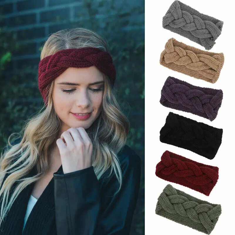 Women Ladies Winter Pretty Fashion Wool Cross Crochet Knitted Headband Solid Color Headbands Gray Black Khaki Purple |