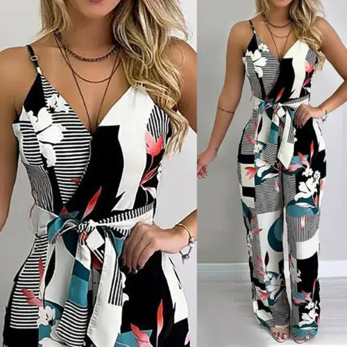 

2021 New Women Jumpsuit Romper Sleeveless V Neck Playsuit Clubwear Long Party Pants Femal Casual Strapless Trousers