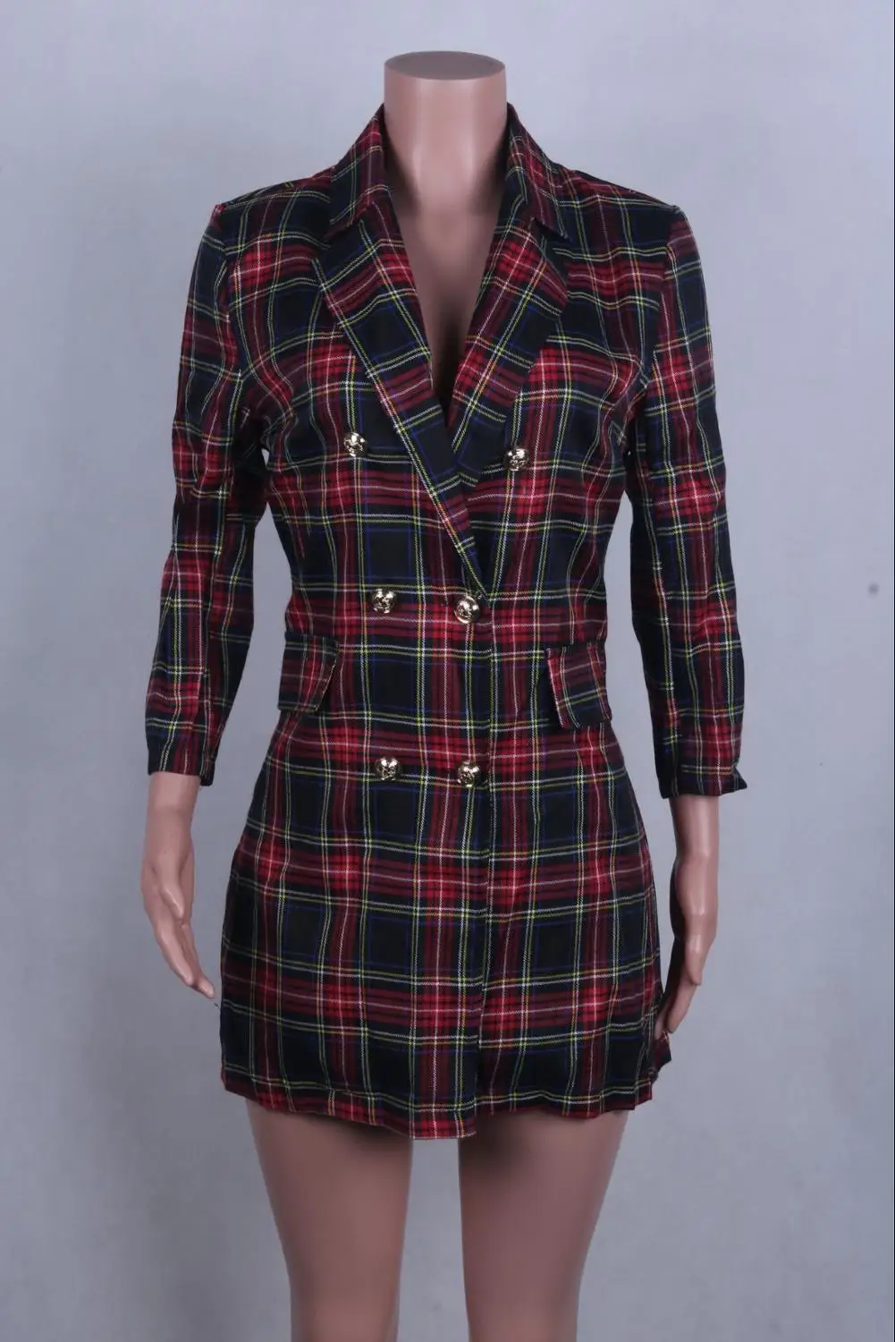 

Winter Women Suits Dress Plaid Blazer Dress Classy Office Lady Double Breasted Gold Checked Blazer Dress Ladies Mini Dresses