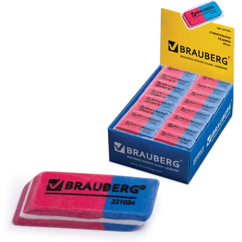 Резинка стирательная BRAUBERG "Assistant 80", 41*14*8 мм, красно-синяя, в карт дисплее, 221034