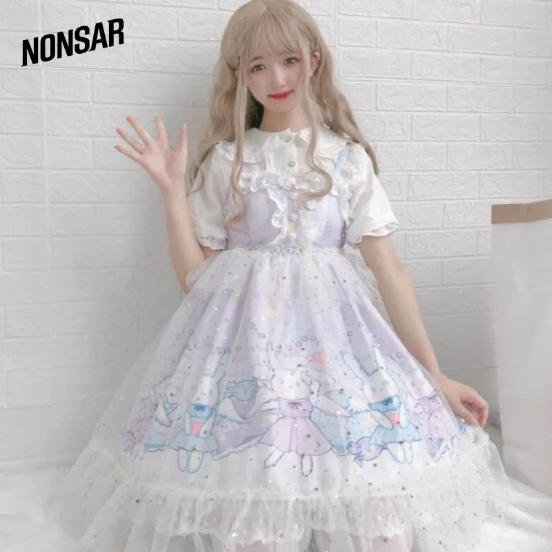 

NONSAR Purple Dress Lolita Women With Sling Bunny Sleeveless Chiffon Blue Sky In Summer New Cloth