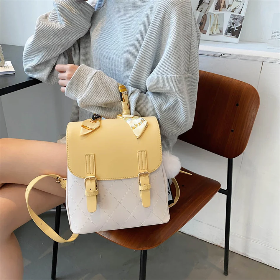 High Quality Leather Backpack for Female Women Fashion Bagpack Handbag Stitching Color Travel Shoulder Bag for Teenager Girls