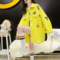 ripped single breasted denim jacket women korean style printing full sleeve polo collar coat spring casual big size loose jacket