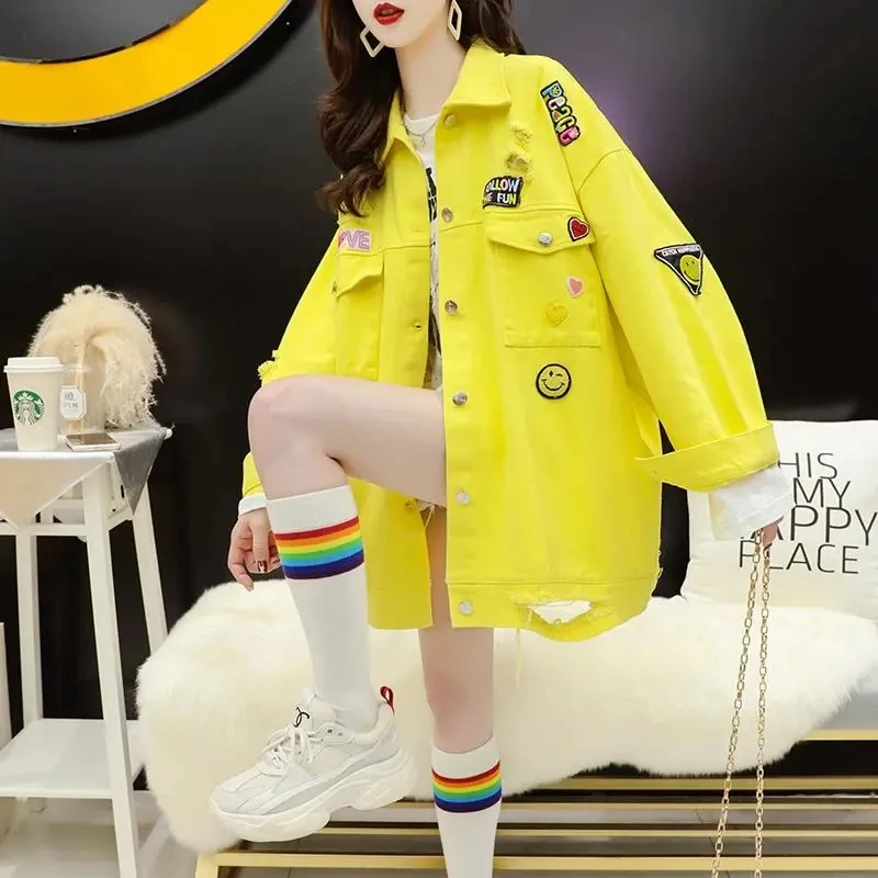 Женская рваная джинсовая куртка Повседневная однобортная Свободная большого