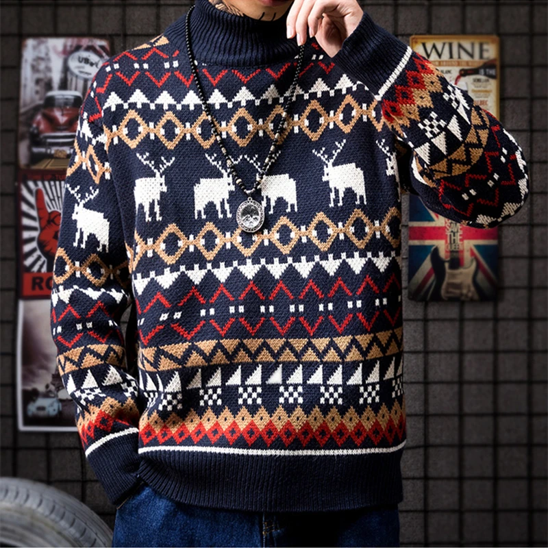 

Mens Causal Half Turtleneck Sweater Deer Printed Autumn Spring Christmas Pullover Knitted Jumper Sweaters Slim Fit Male Clothes