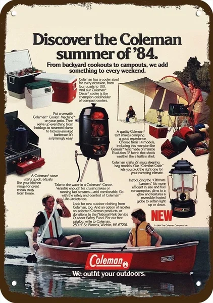 

1984 Coleman Camp Equipment Vintage Look Replica Metal Sign Canoe Camping Gear