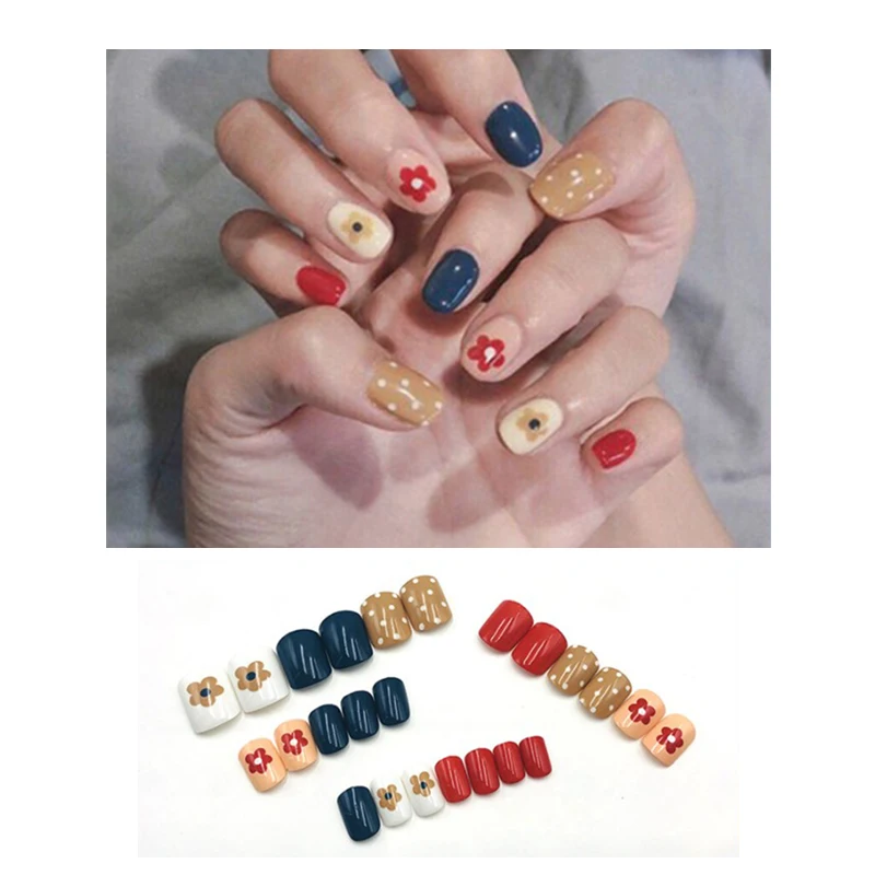 

24PCS Acrylic Full Cover Cute Fake Nail Finger Tips Solid Decoration Removable Nail Stickers Short False Nails
