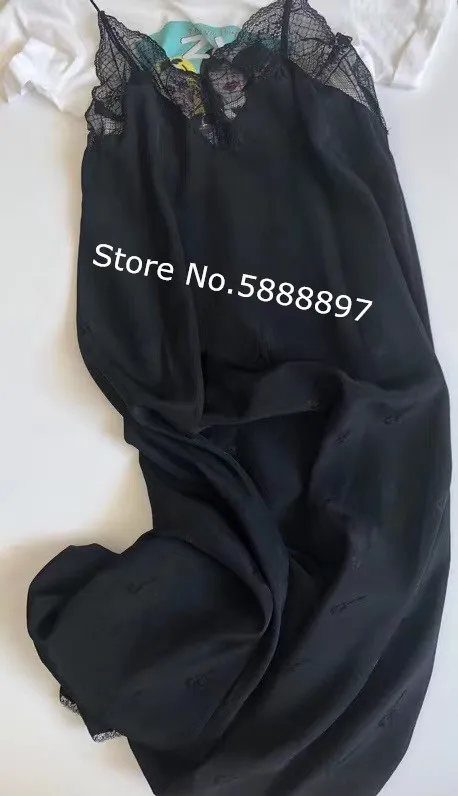 

Women Silk V-neck Lace Trim Violin Jacquard Sleeveless Spaghetti Strap Asymmetric Hem Midi Dress