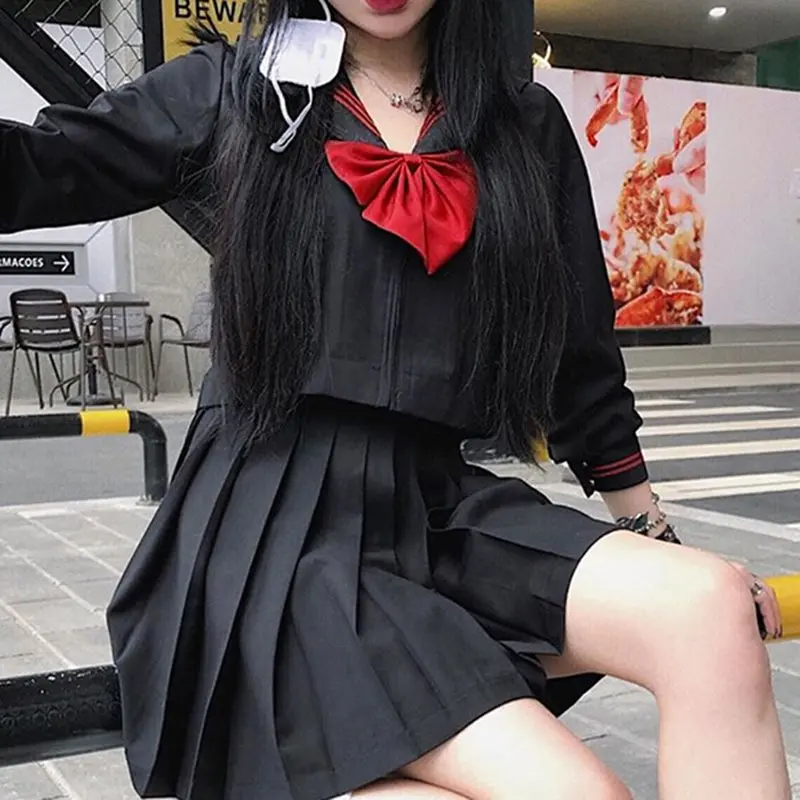 Женский свободный костюм Харадзюку панк готика черный свитер с высокой талией и