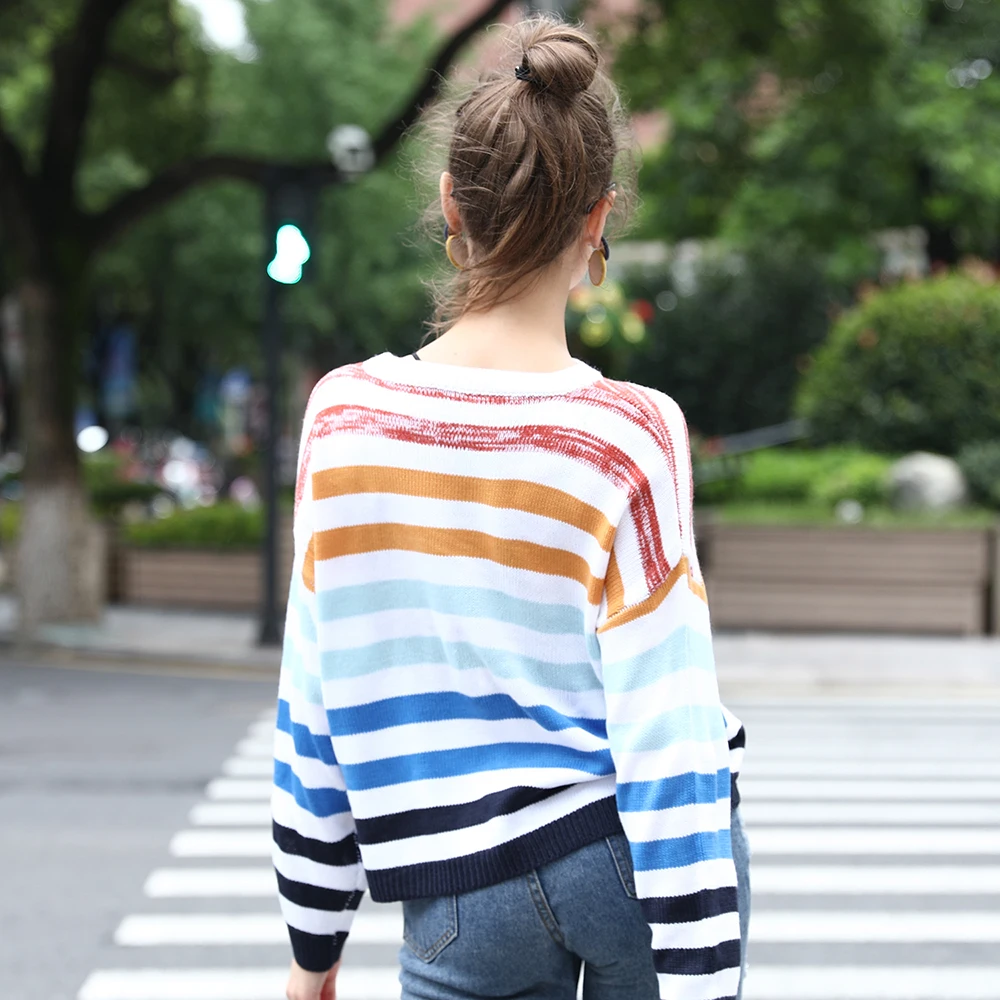 

Rainbow Striped Women Sweater Long Sleeve Patchwork Knitted Pullovers and Sweaters Autumn Winter Oversized Loose Knitting Jumper