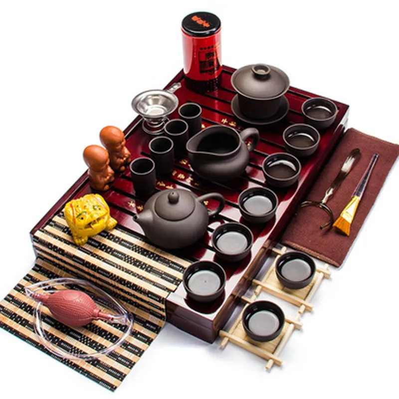 

Chinese Traditional Porcelain Tea Set Teapots and Cups Ceramic Kung Fu Complete set of Solid Wood Tea Tray Cremony Taware